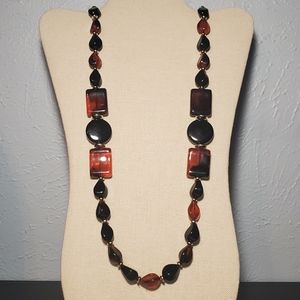 Vintage Plastic Amber and Black Long Beaded Necklace